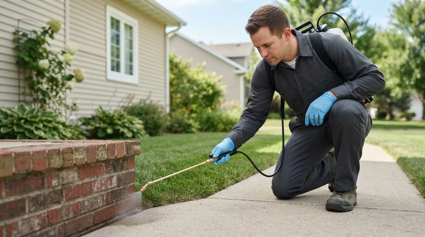 Pest control technician treating a home near Conklin, MI