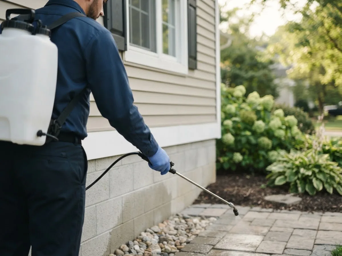 Pest control technician inspecting a home in Conklin, MI